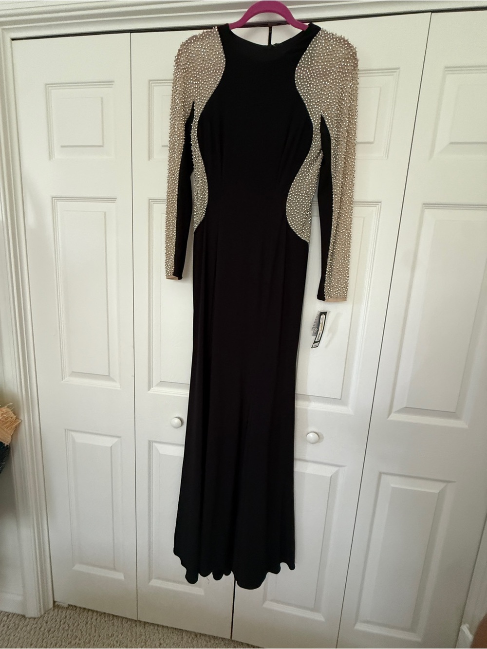 Xscape Black Evening Gown with Pearl-Embellished Cream Sleeves